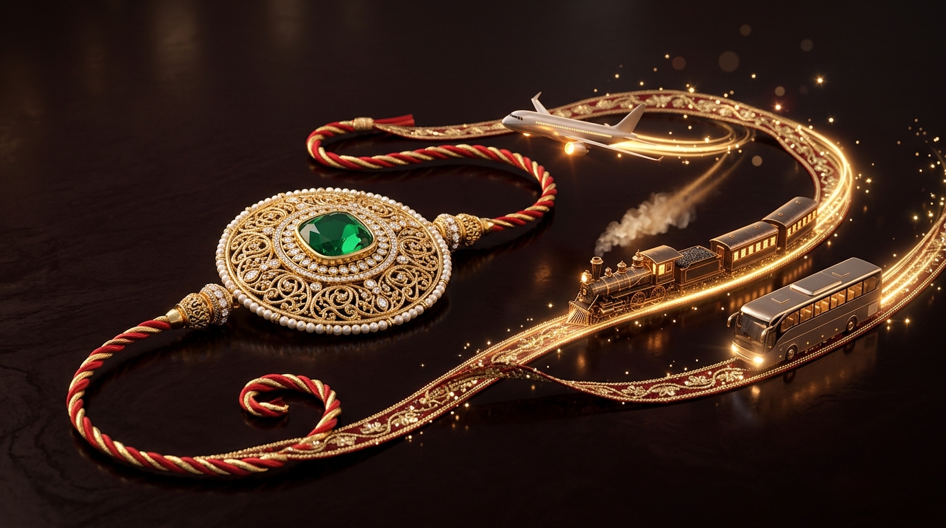 Royal Ornate Rakhi with Airplane, Train and Bus Travel Thread